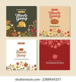 Exclusive Set of Thanksgiving Card and Dinner Invitation. Design with Autumn Leaves, Bread, and Pumpkin