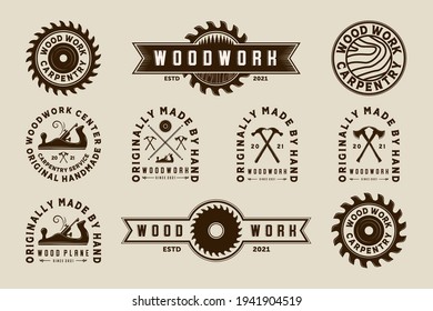 Exclusive Set of Woodwork Vector Illustration Logo Design. Premium Set of Woodwork Logo Template for Wood Master, Sawmill and Carpentry Service. Collection, Bundle or Set Logo of Woodworking Tool
