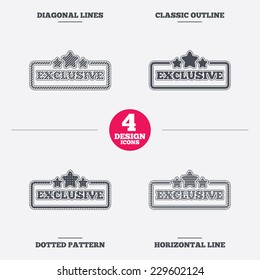 Exclusive sign icon. Special offer with stars symbol. Diagonal and horizontal lines, classic outline, dotted texture. Pattern design icons.  Vector
