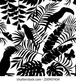 Exclusive silhouette paradise tropic jungle of plants and birds. Trendy animal toucan, parrot, macaw, butterfly and leaves of banana palm. Seamless vector pattern in black style on a white background