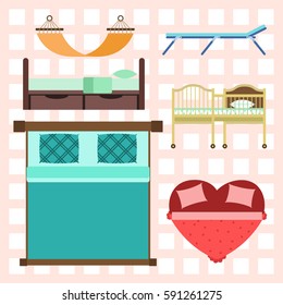 Exclusive sleeping furniture design bedroom with aerial view bed and interior room comfortable home relaxation apartment decor vector illustration.