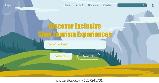 Exclusive slow tourism, discover new adventures and traveling from agency. Book your trip now, landscape with mountains and valleys. Website landing page, internet site, vector in flat style