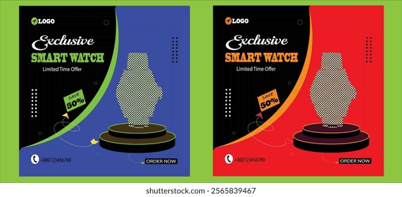 Exclusive Smart Watch Design Post.smart watch set sale template collection for social media post. Smart Watch promotion social media bundle post. Exclusive Clock business advertising web banner templa