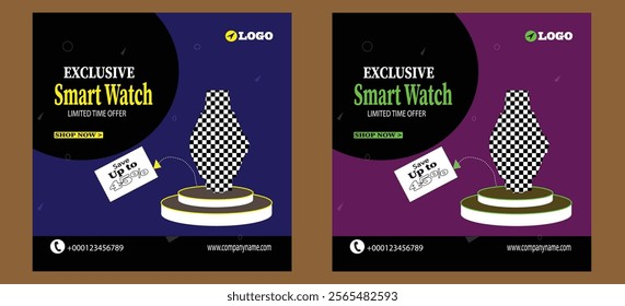 Exclusive smart watch set sale template collection for social media post. Smart Watch promotion social media bundle post. Clock business advertising web banner template bundle