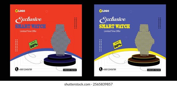 Exclusive Smart watch set sale template collection for social media post. Smart Watch promotion social media bundle post. Exclusive Clock business advertising web banner template bundle