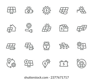 Exclusive Solar Panel Icons for Green Energy, Including Solar Power Plants, Homes with Solar Panels, Charging Stations, Green Electricity. Ready to Use in Your Project