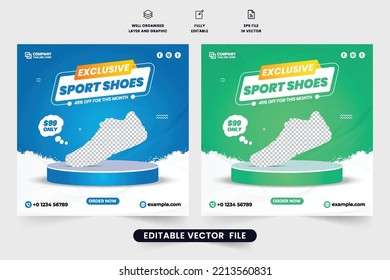 Exclusive sports shoe business template design with blue and green backgrounds. Modern shoe business promotional web banner vector. Sports sneakers sale social media post design.