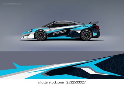 exclusive and Sporty blue color Racing Car wrap livery design. Vector file eps 10 printable file below. Universal use, space for sponsor ready.