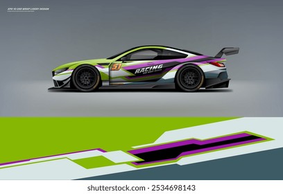 exclusive and Sporty color Racing Car wrap livery design. Vector file eps 10 printable file below. Universal use, space for sponsor ready.