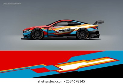 exclusive and Sporty color Racing Car wrap livery design. Vector file eps 10 printable file below. Universal use, space for sponsor ready.