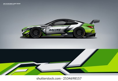 exclusive and Sporty color Racing Car wrap livery design. Vector file eps 10 printable file below. Universal use, space for sponsor ready.