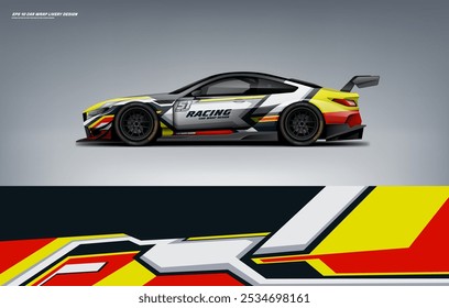 exclusive and Sporty color Racing Car wrap livery design. Vector file eps 10 printable file below. Universal use, space for sponsor ready.