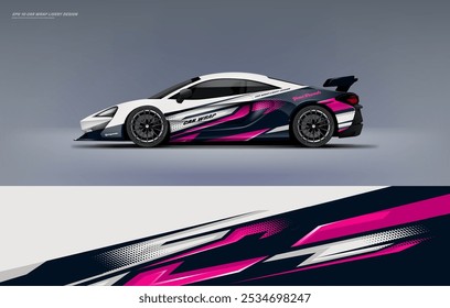 exclusive and Sporty color Racing Car wrap livery design. Vector file eps 10 printable file below. Universal use, space for sponsor ready.