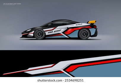 exclusive and Sporty color Racing Car wrap livery design. Vector file eps 10 printable file below. Universal use, space for sponsor ready.
