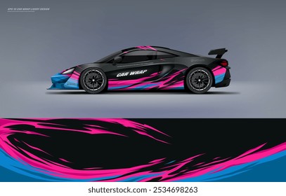 exclusive and Sporty color Racing Car wrap livery design. Vector file eps 10 printable file below. Universal use, space for sponsor ready.