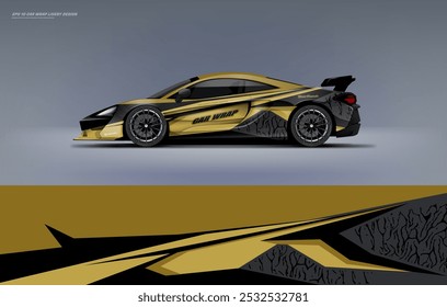 exclusive and Sporty Gold color Racing Car wrap livery design. Vector file eps 10 printable file below. Universal use, space for sponsor ready.
