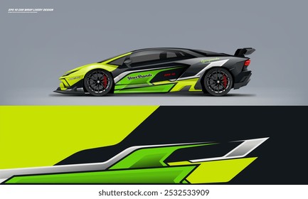 exclusive and Sporty Green color Racing Car wrap livery design. Vector file eps 10 printable file below. Universal use, space for sponsor ready.