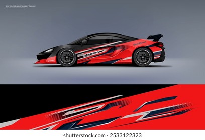 exclusive and Sporty Red color Racing Car wrap livery design. Vector file eps 10 printable file below. Universal use, space for sponsor ready.