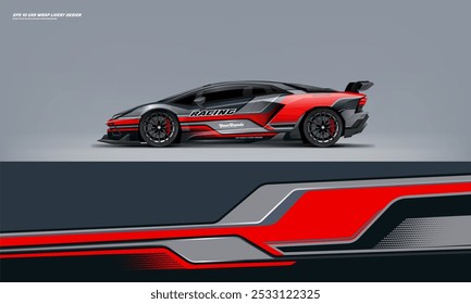 exclusive and Sporty Red color Racing Car wrap livery design. Vector file eps 10 printable file below. Universal use, space for sponsor ready.