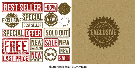 Exclusive. Exclusive stamp on craft paper vector background. Set of stamps: best seller, sold out, sale, new product, free, special, exclusive, special offer.