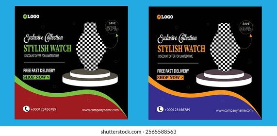 Exclusive Stylish Watch Design new post.Exclusive smart watch set sale template collection for social media post. Smart Watch promotion social media bundle post. Clock business advertising web banner 