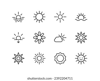 Exclusive sun thin line icons set. Big package of modern minimalistic pictograms for mobile UIUX kit, infographics and web sites