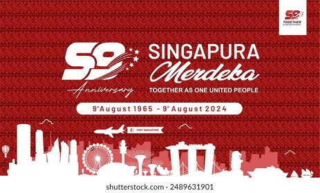 Exclusive Template of 59th Singapore National Day with Logo, Quotes and Beautiful Batik Pattern. Singapura Merdeka 9th Agustus 2024 meaning Independence Day of Singapore 9th August 2024.