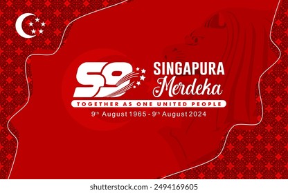 Exclusive Template of 59th Singapore National Day with Logo, Quotes and Batik Pattern. Independent Singapore 9 August 2024 translation Singapore Independence Day 9th August 2024.