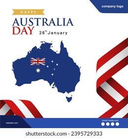 Exclusive Template of Happy Australia Day Greeting Card. Design with Australia Map,Flag,Ribbon and Social Media Spots. Editable Design for Banner,Poster, Advertisement, and Printing Document.