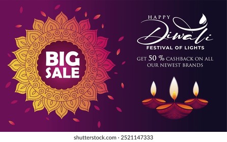 Modelo Exclusivo de Feliz Diwali 2024 Promoção Venda Banner para Diwali Compras Férias e Celebração. Design com Diya, Mandala e Bela Tipografia