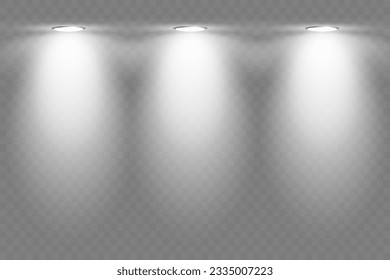 Exclusive use lens flash light effect from a lamp or spotlight. Set of the white spotlight shines on the stage, scene, podium.
