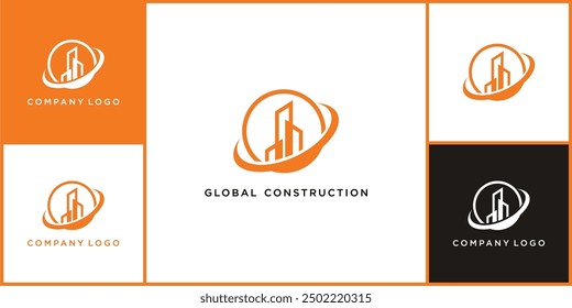 El Vector exclusivo de los logotipos e iconos globales de la construcción, hechos del globo terráqueo y de los edificios, se puede utilizar en diversos medios fácilmente, editables