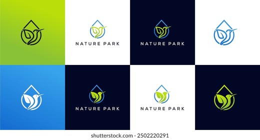 Exclusive vector nature park logo and icon, made of water drops, leaves, and birds, editable