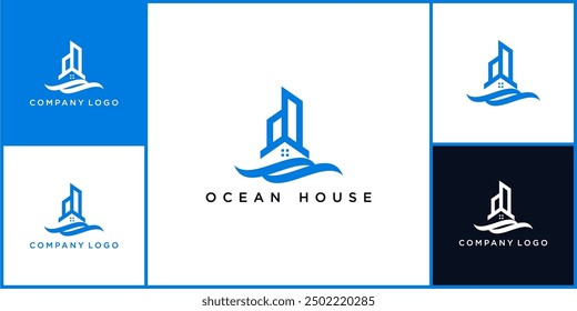El Vector exclusivo del logotipo y del icono de la casa del océano, hechos del agua, de las casas y de los edificios, se puede utilizar en diversos medios fácilmente, editable