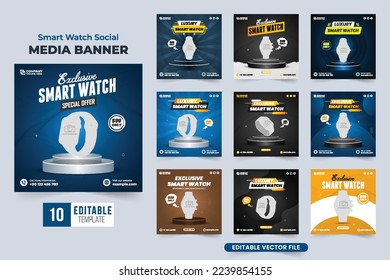 Colección exclusiva de plantillas de venta de relojes para marketing en medios sociales. La promoción de Smart Watch, un vector de publicación de medios sociales. Plantilla de banner web de publicidad de negocios de reloj con colores azul y oscuro