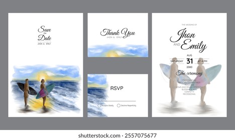 exclusive wedding invitation cards, surf and beach panoramas, watercolor techniques
