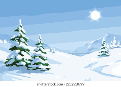 Exclusive winter landscape illustration. Premium colorful abstract background with dynamic shadow, consisting of hills, snow, ice, trees, forest, gradient , artistic texture, epic mountains, beautiful