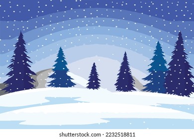 Exclusive winter landscape illustration. Premium colorful abstract background with dynamic shadow, consisting of hills, snow, ice, trees, forest, gradient , artistic texture, epic mountains, beautiful