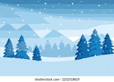 Exclusive winter landscape illustration. Premium colorful abstract background with dynamic shadow, consisting of hills, snow, ice, trees, forest, gradient , artistic texture, epic mountains, beautiful