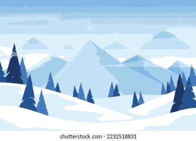 Exclusive winter landscape illustration. Premium colorful abstract background with dynamic shadow, consisting of hills, snow, ice, trees, forest, gradient , artistic texture, epic mountains, beautiful