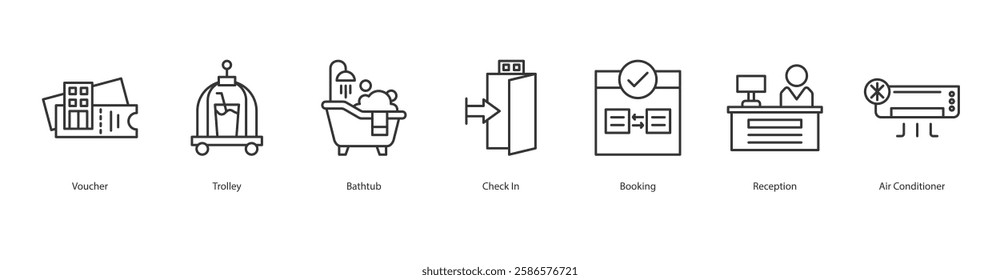 Exclusivity Premium Icon Sheet Voucher, Trolley, Bathtub, Check In, Booking, Reception, Air Conditioner