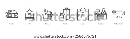 Exclusivity Premium Icon Sheet Voucher, Trolley, Bathtub, Check In, Booking, Reception, Air Conditioner