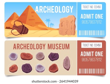 Excursion to archeology excavation in desert. Museum ticket design vector set, admit blank. Archaeology digging near ancient Egypt civilization architecture. Cartoon historic explorers, old artifacts