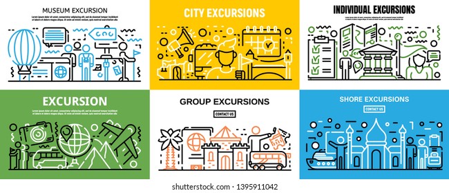 Excursion banner set. Outline set of excursion vector banner for web design