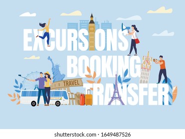Excursion Booking Transfer Capital Letter. Tiny People on Text. Worldwide Travel Design. Tourist Take Photo, Selfie with Attraction, Famous Landmark, Buildings, Statue. Bus Tour. Vector Illustration