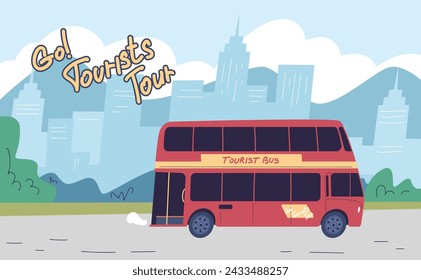 Excursion bus. London double decker car on city mountain highway, britain sightseeing europe tour transport, tourist summer travel euro trip banner vector illustration of travel bus excursion