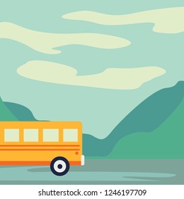 Excursion bus on highway. Tourist bus leaving the city vector illustration