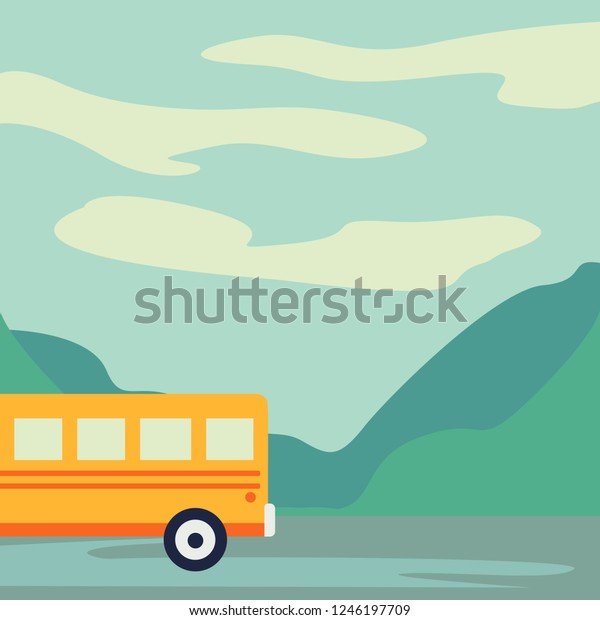 Excursion bus on highway. Tourist bus\
leaving the city vector\
illustration