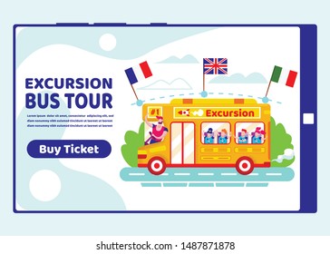 Excursion Bus Tour Mobile App Page Onboard Screen for Website, Schoolkids Riding by Yellow School Bus. Children Going to Summer Camp. Travel, Entertainment, Education, Cartoon Flat Vector Illustration