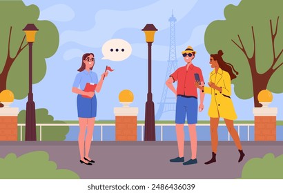 Excursion in city. Female guide shows tourists main attractions of city. Cultural recreation and leisure. Information for travelers. Holiday and vacation, trip. Cartoon vector illustration